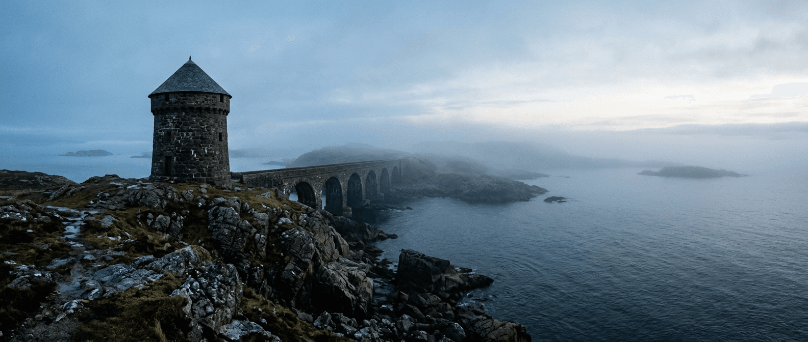 A stone watchtower on a Nordic headland at dawn, with a long bridge fading into mist behind it