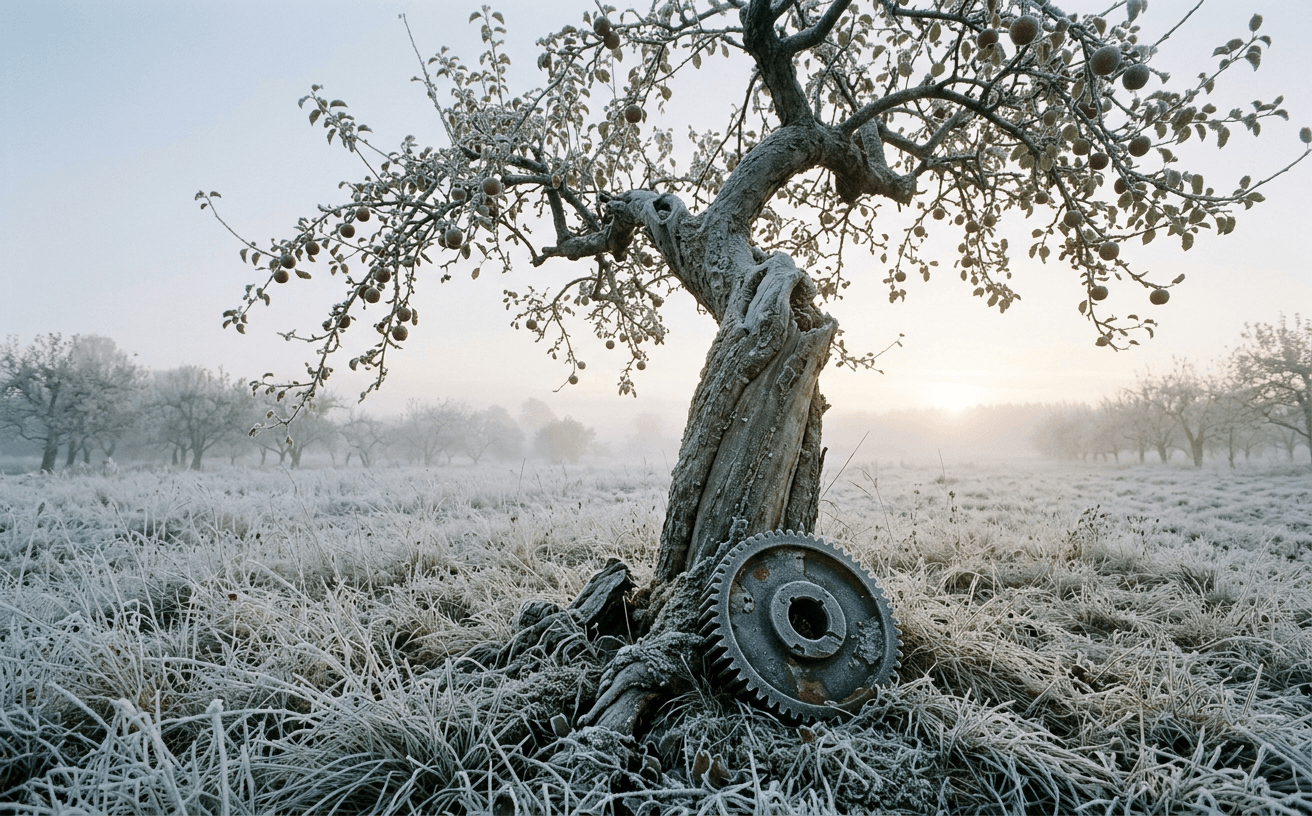 An old apple tree in a frosty Nordic orchard at first light, with a worn steel gear resting in the grass at its base