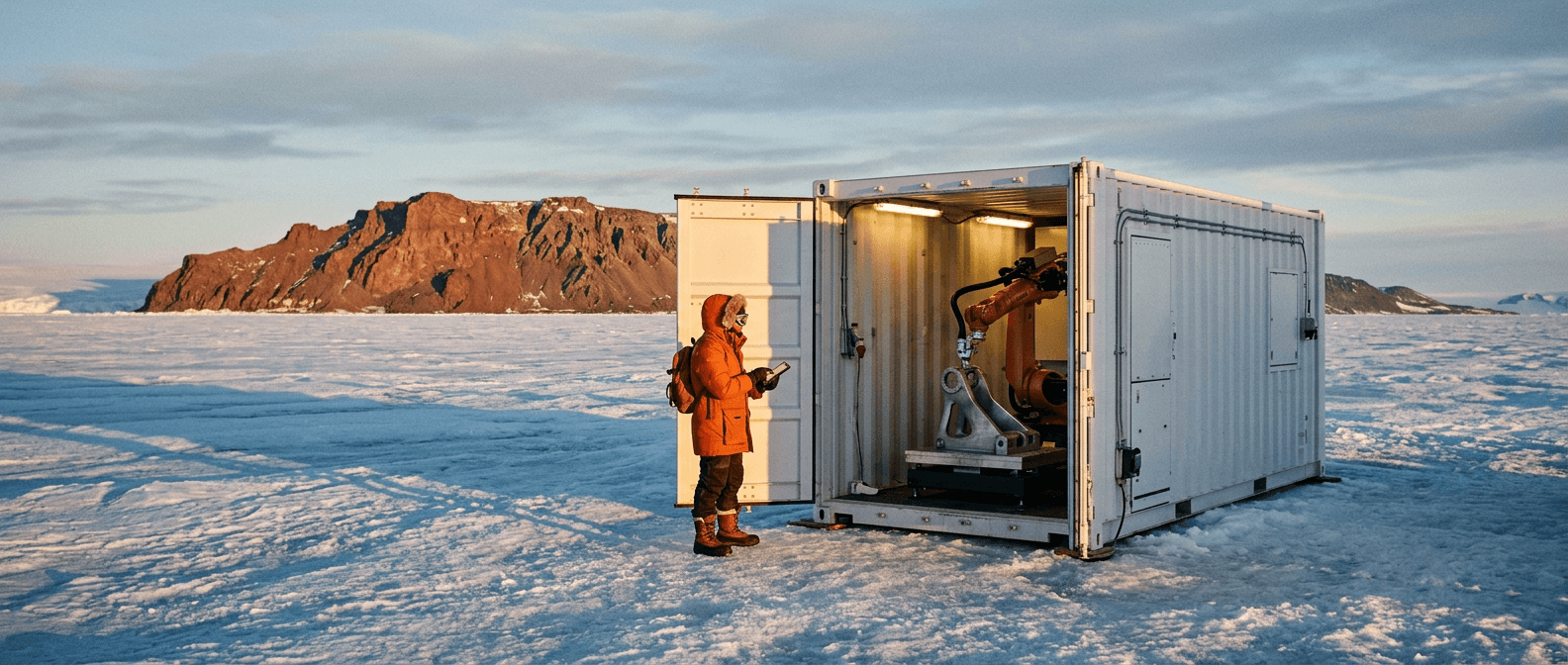 A compact white fabrication unit with an open door and robotic arm on an Antarctic ice plain at low sun, with a rust-red ridge on the horizon