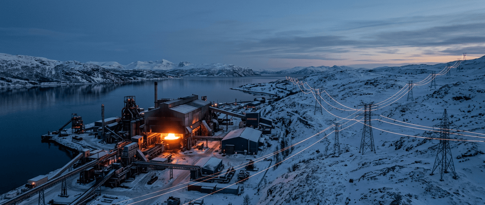 A Nordic smelter plant at dusk beside a fjord, with power lines running across snowy hills