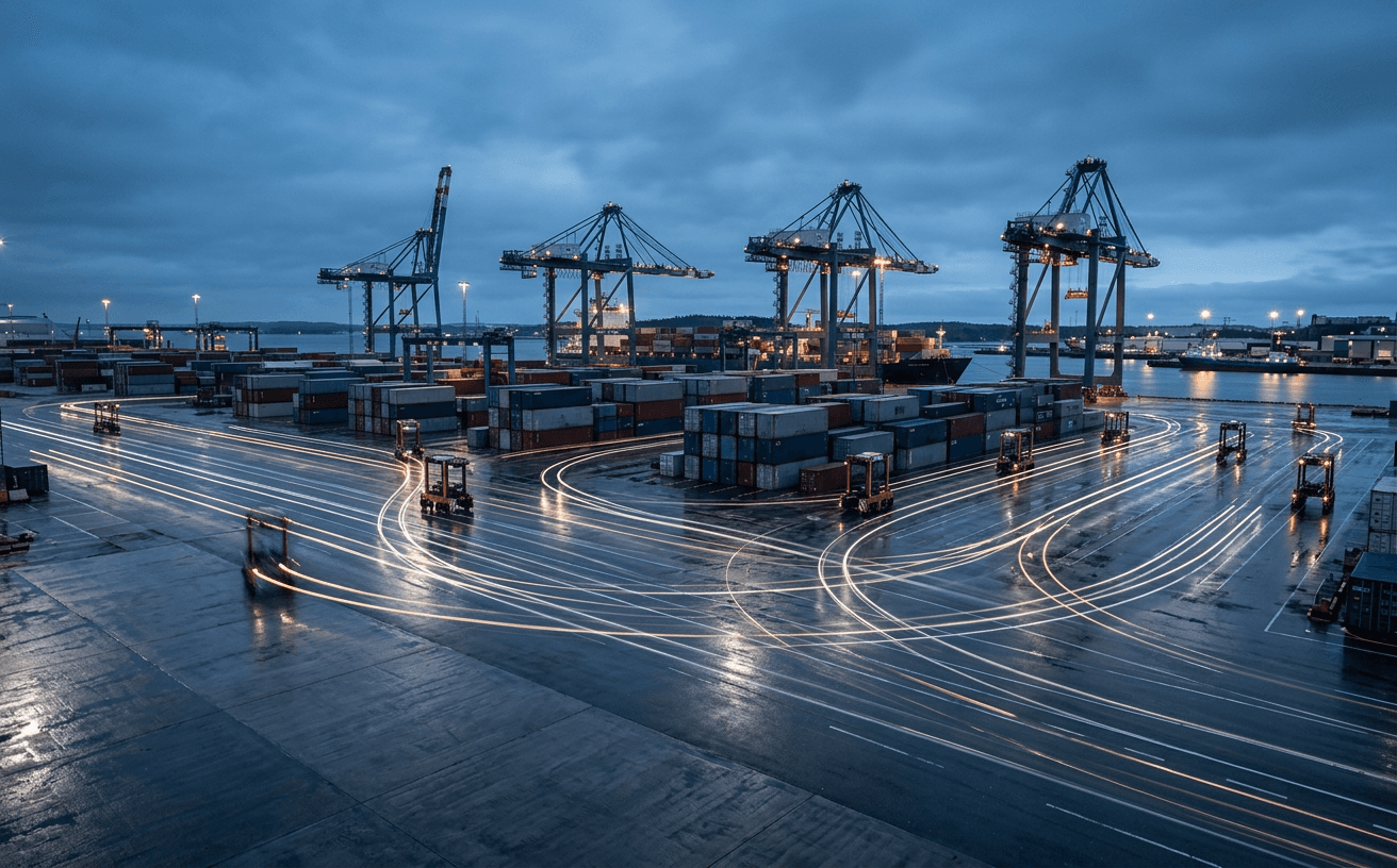 A Nordic harbour logistics yard at blue hour, with light trails from many small autonomous vehicles crossing the wet concrete